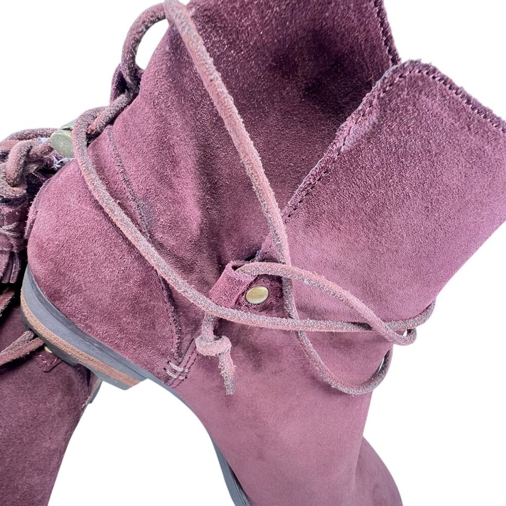 Sorel Womens Burgundy Suede Ankle Boots Wraparound Tassel Laces Low Block Heel - Picture 16 of 16